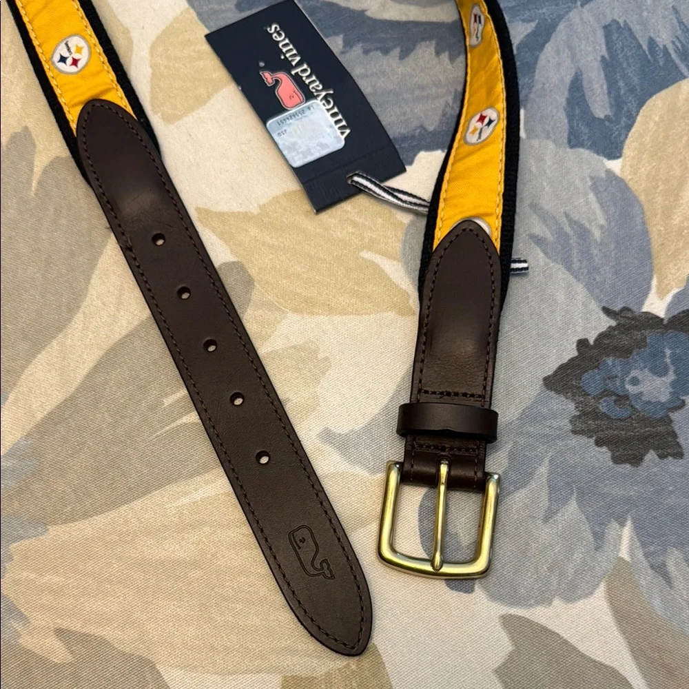 Vineyard Vines Yellow Ribbon Leather-Trim Belt with Team Medallions